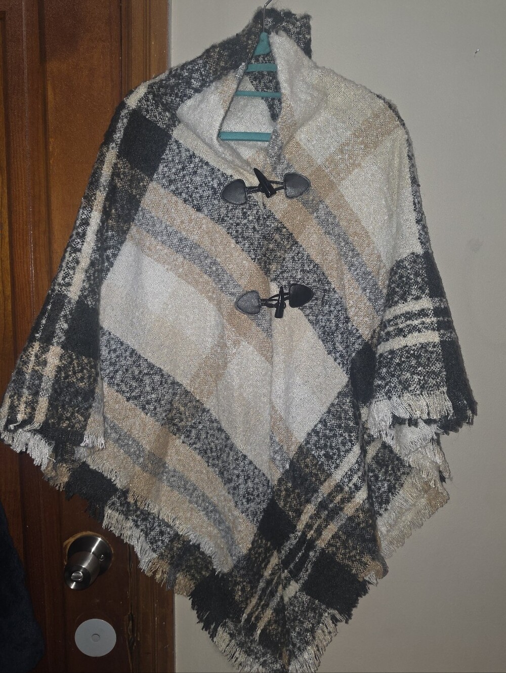 Women's Plaid Toggle Poncho Coat - Black, Cream & Tan, One Size